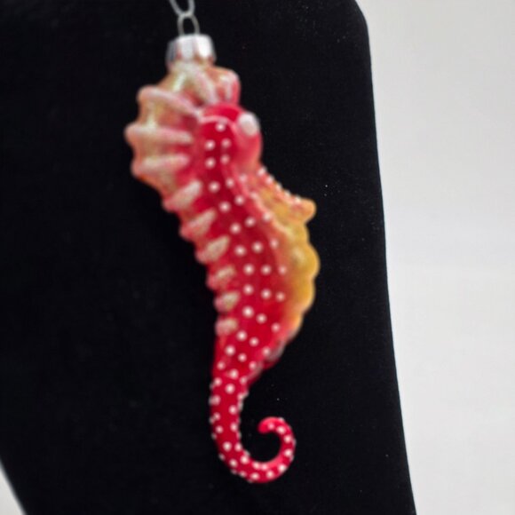 Anthropomorphic Seahorse Glass Ornament Orange & Yellow Glitter Accents 5.5"" - Picture 5 of 7